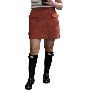 Zara Burnt Orange Leather Mini Skirt Large Front Pockets Back Zipper